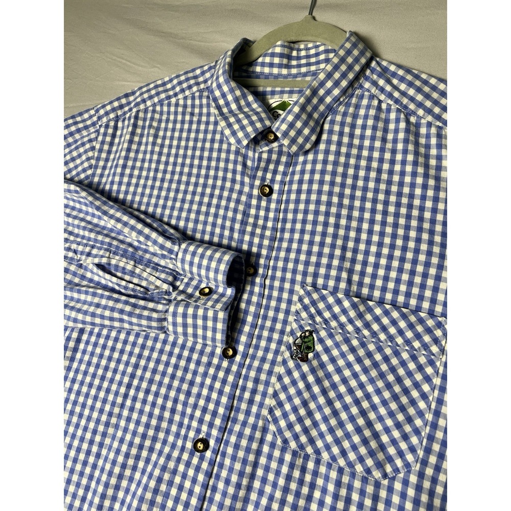 Cortina Men's XL‎ Blue & White Gingham Plaid Long Sleeve Golfer Logo 100% Cotton